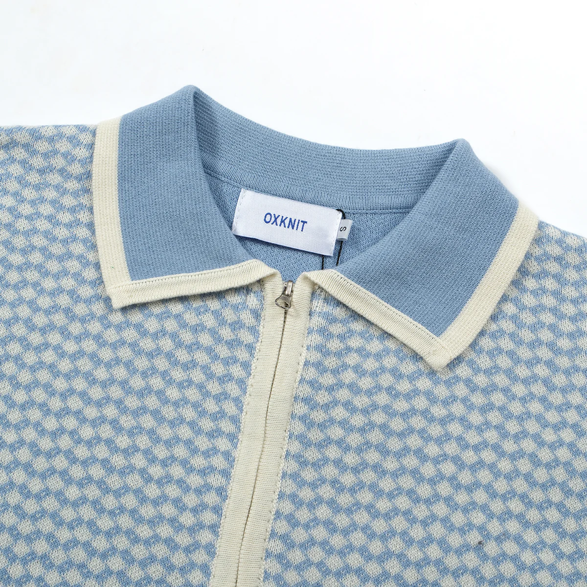 Men's 70s Mod Zip Knit Polo – Light Blue Diamond Pattern Summer Shirt - Image 4