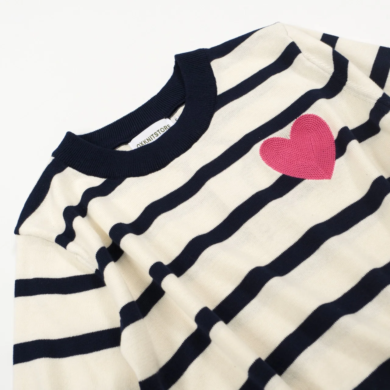 Women’s French Stripe Knit Tee – Pink Heart Embroidery & Colorblock Trim - Image 9