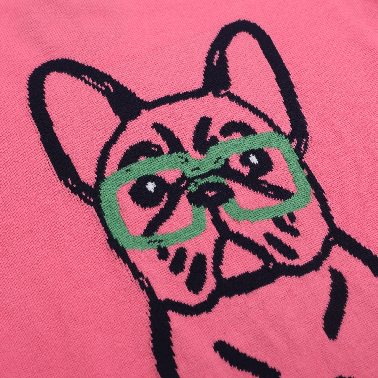 Women’s Pink French Bulldog Sweater – Red Sleeves & Retro Vibe - Image 3