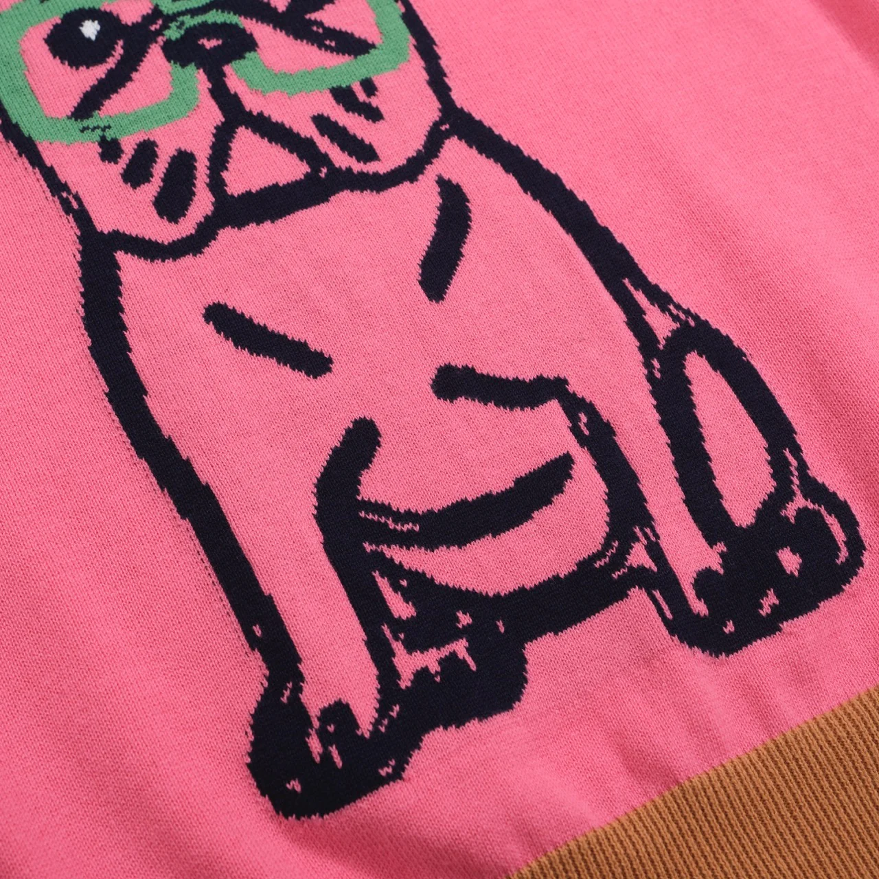 Women’s Pink French Bulldog Sweater – Red Sleeves & Retro Vibe - Image 4