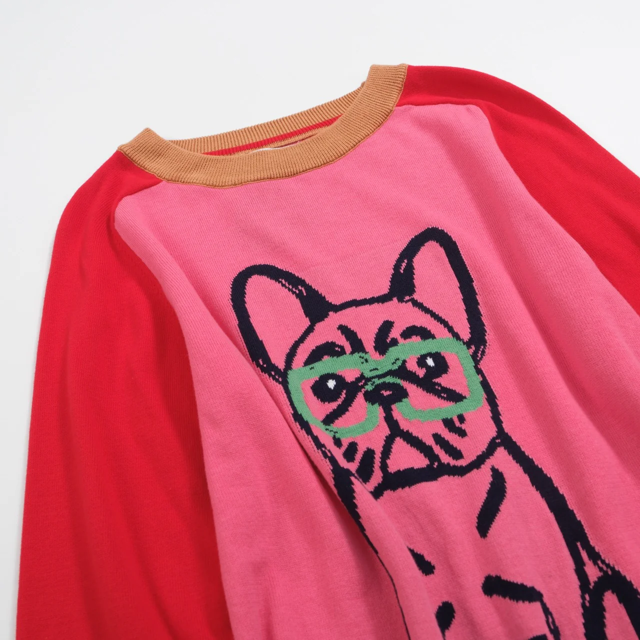 Women’s Pink French Bulldog Sweater – Red Sleeves & Retro Vibe - Image 7