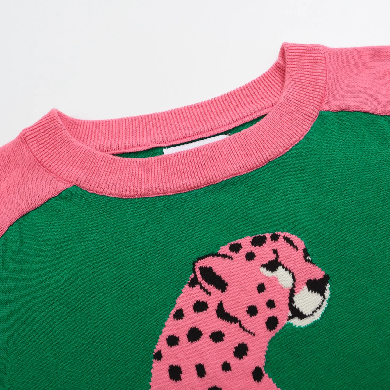 Women’s Pink Cheetah Sweater – Green Knit Pullover with Contrast Sleeves - Image 3