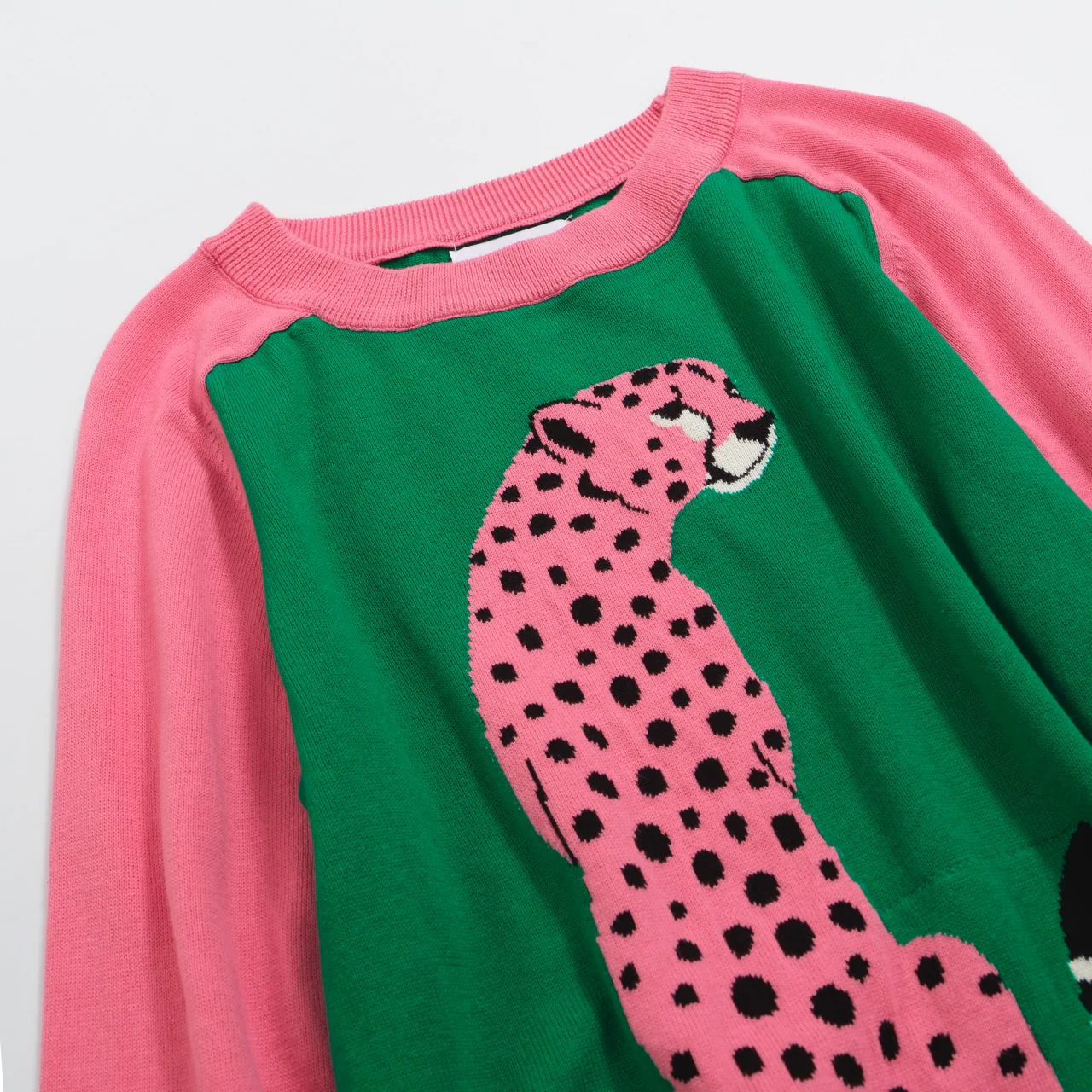 Women’s Pink Cheetah Sweater – Green Knit Pullover with Contrast Sleeves - Image 8
