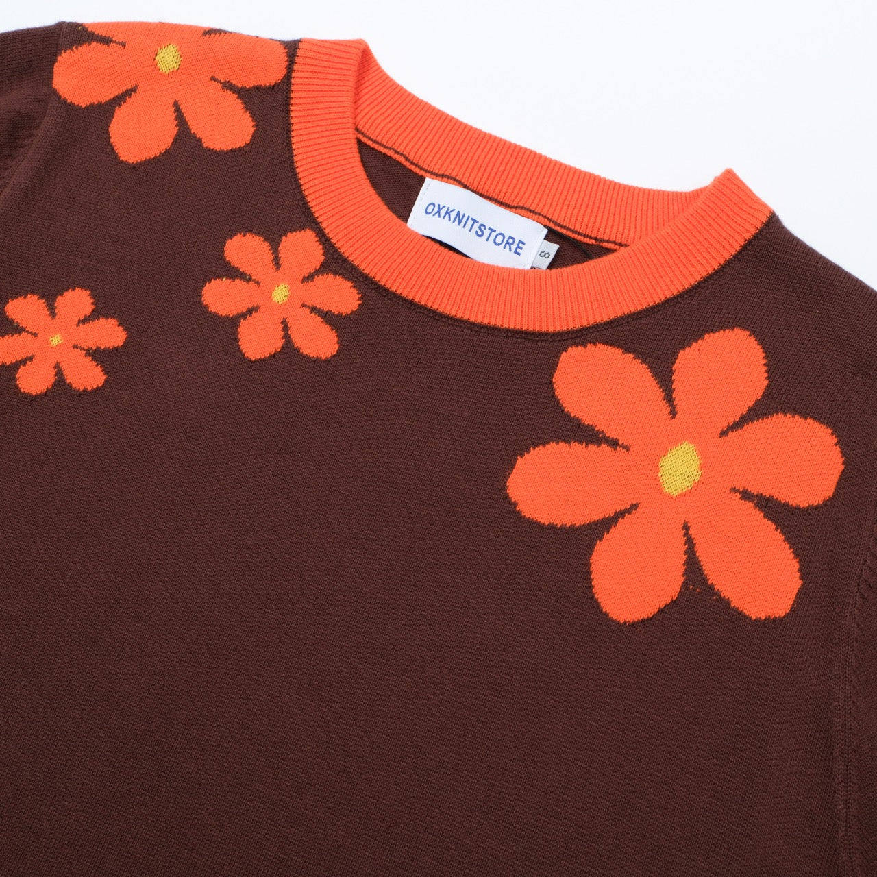 Women Orange Flowers Short Sleeves Brown Knitwear - Image 10