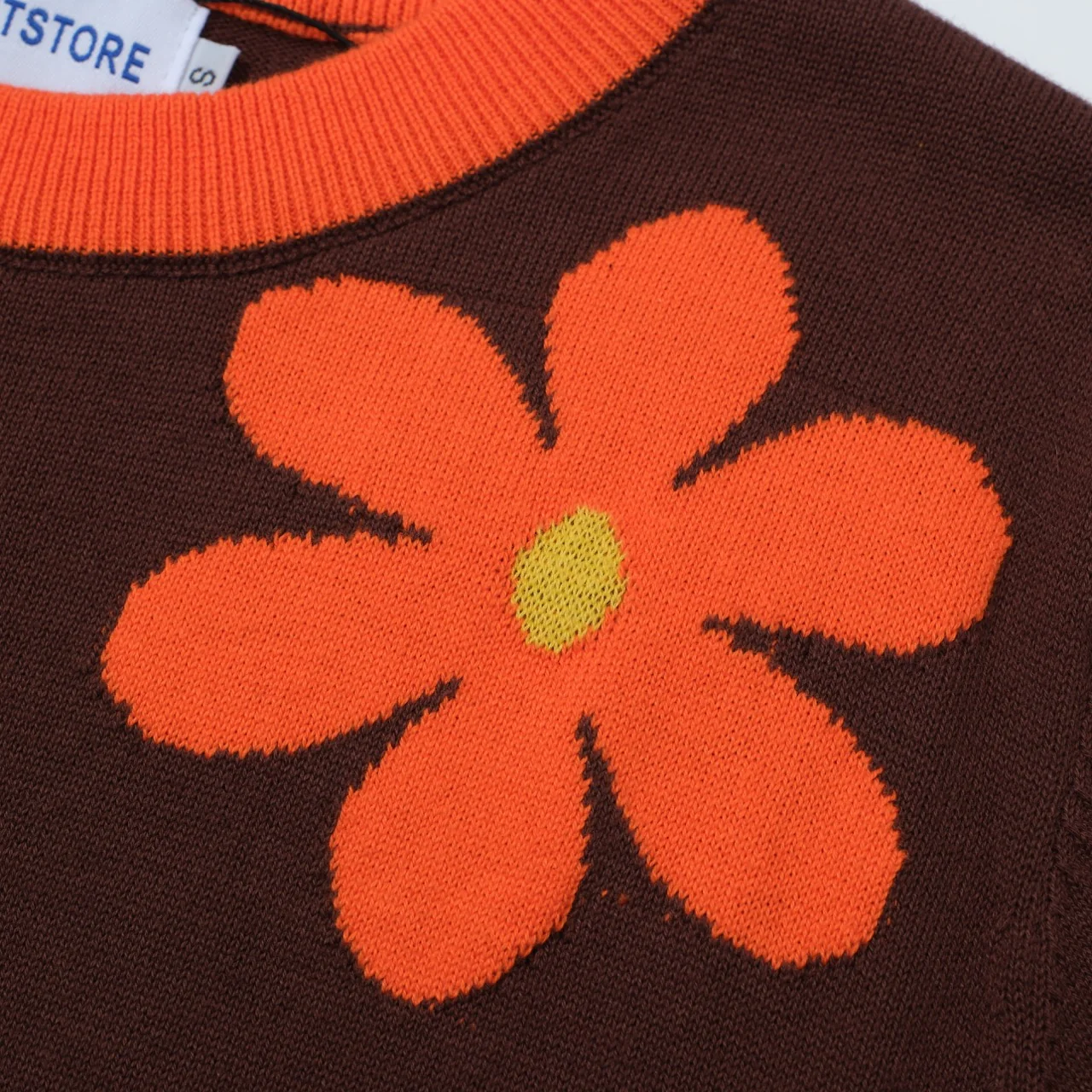 Women Orange Flowers Short Sleeves Brown Knitwear - Image 7