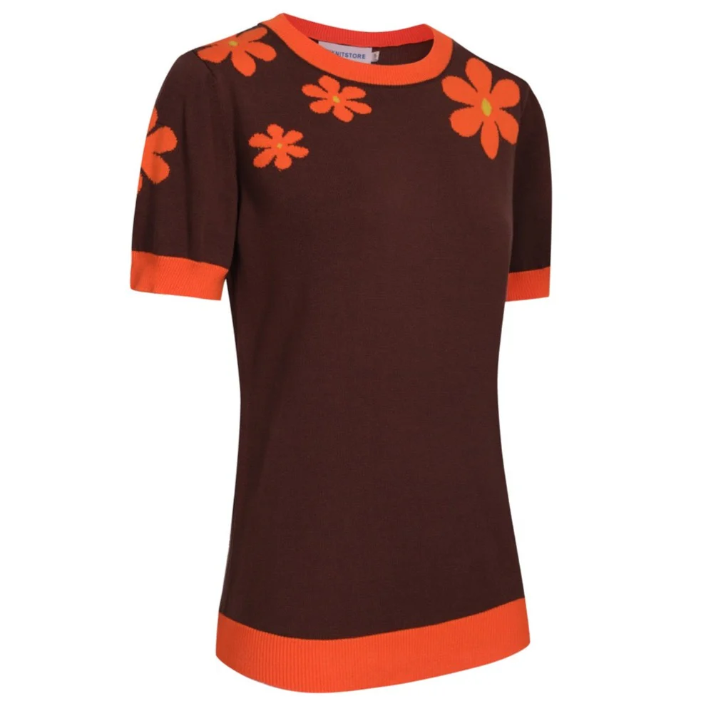 Women Orange Flowers Short Sleeves Brown Knitwear - Image 8