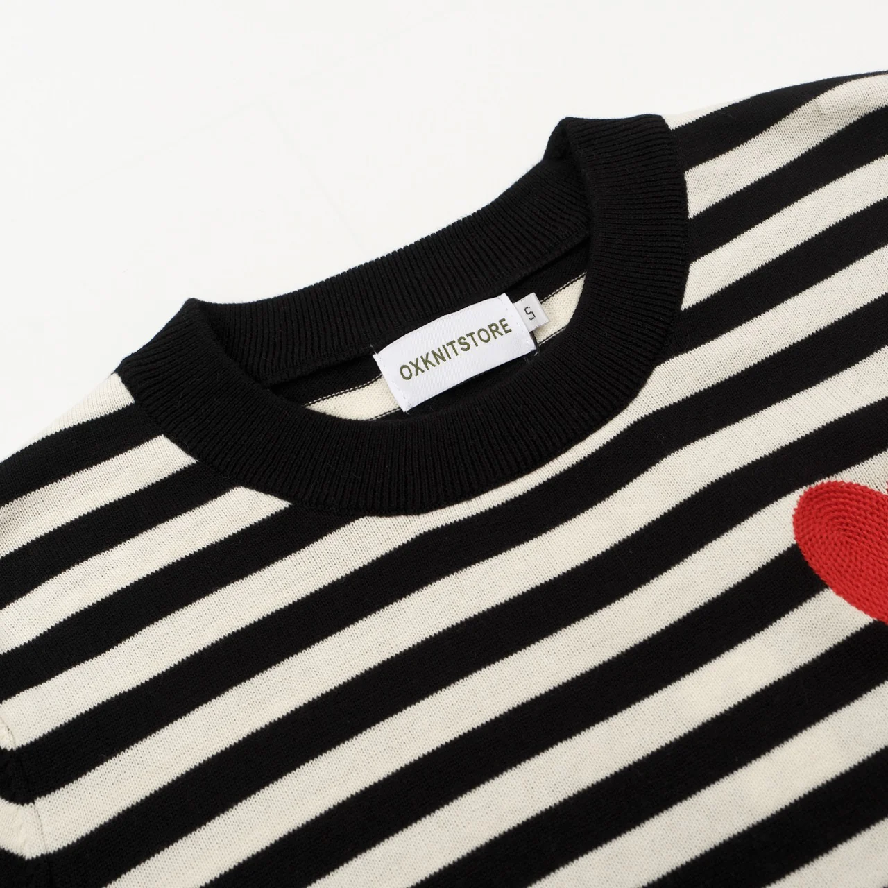 Women's Retro Striped Knit Sweater with Red Heart – Black & White - Image 4