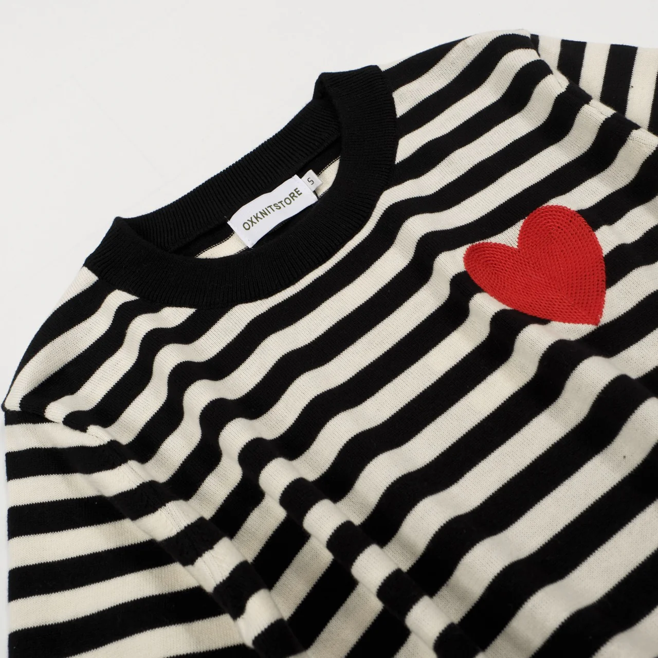 Women's Retro Striped Knit Sweater with Red Heart – Black & White - Image 6